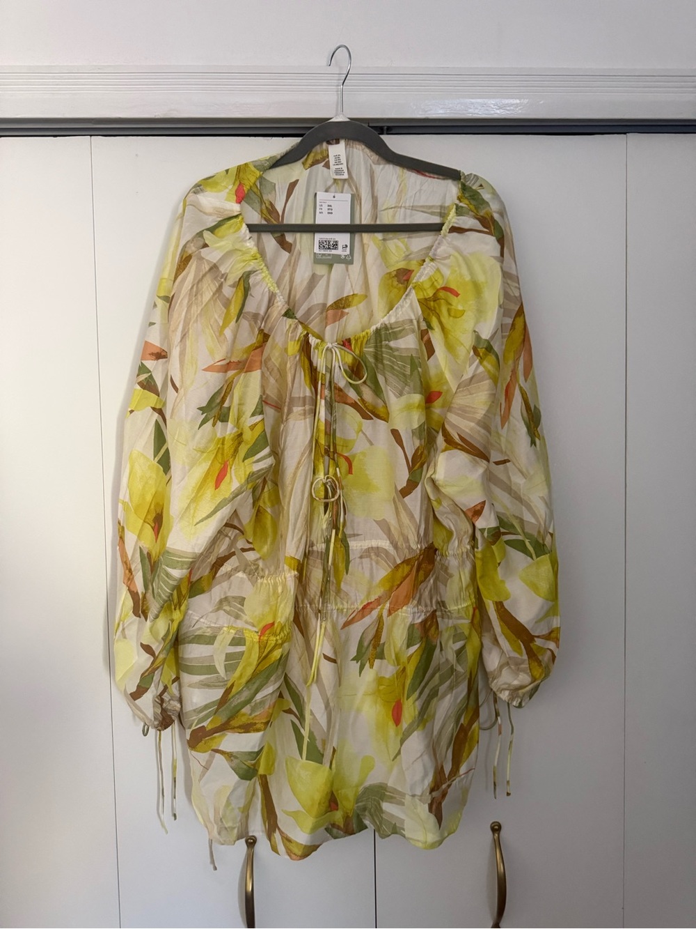 NWT H&M Sheer Floral Tie-Front Tunic - Yellow, Green
